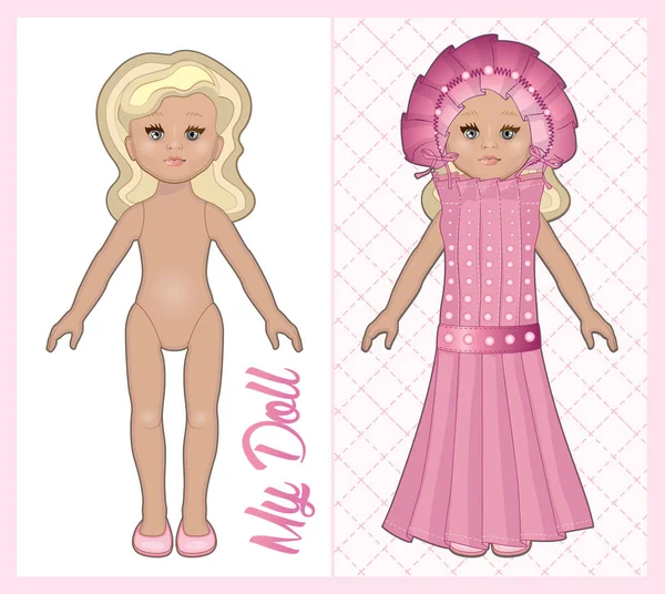 Mignonne poupée portant une élégante robe rose — Image vectorielle