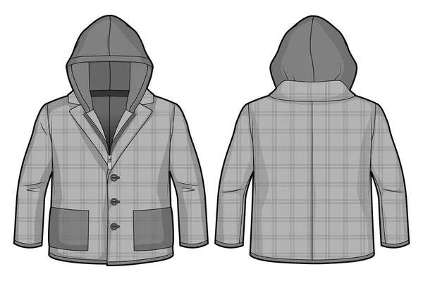 Veste à capuche à carreaux gris avec fermeture zip et poches — Image vectorielle