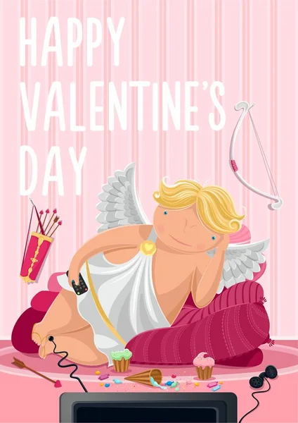 Valentin-nap. Kis angyalok. Gratulálunk az ünnep. Lusta Ámor. Táskák, édességet és Tv — Stock Vector