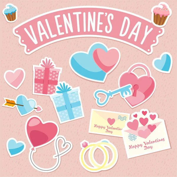 Valentinstag. Aufkleber. Glückwunsch zum Urlaub. Süßigkeiten, Kuchen, Geschenke, Ringe, Herz, Luftballon und Rose — Stockvektor