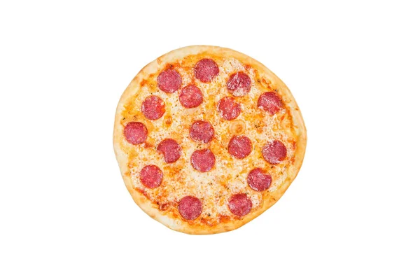 Pizzai pepperoni clássico fresco isolado em um fundo branco. Vista superior — Fotografia de Stock