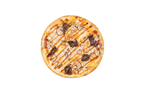 Leckere Pizza mit Pilzen Hühnerfleisch und Zwiebeln isoliert auf weißem Hintergrund. Ansicht von oben — Stockfoto