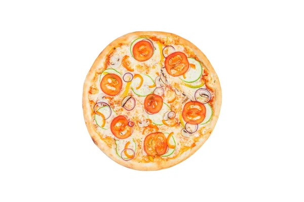 Pizza perfeita com fatias de cebola de abóbora de tomates e pimenta doce isolada em um fundo branco. Vista superior — Fotografia de Stock