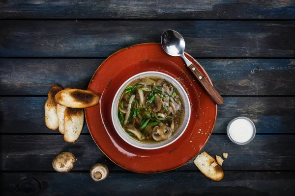 Fresh mushroom soup with green onion sour cream and bread crisps with a spoon. On a ceramic plate. Colored wooden background. Top view — Stock Image Fresh mushroom soup with green onion sour cream and bread crisps with a spoon. On a ceramic plate. Colored wooden background. Top view Stock Picture