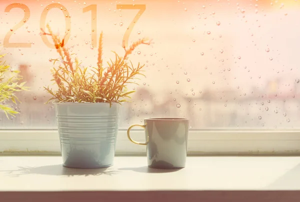 Koffiekopje op tafel met de daling van de regen en 2017 tekst op venster backg — Stockfoto