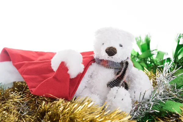 Leuke speelgoed Beer en gouden ornamenten grens Kerstdecoratie — Stockfoto