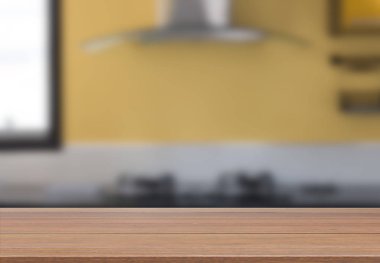 Ahşap masa üstü sarı mutfak modern oda içi