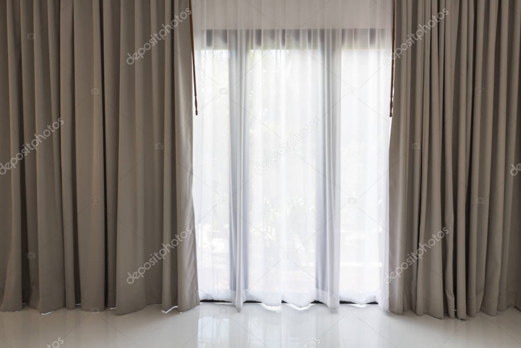 Beautiful modern grey and white curtains in living room