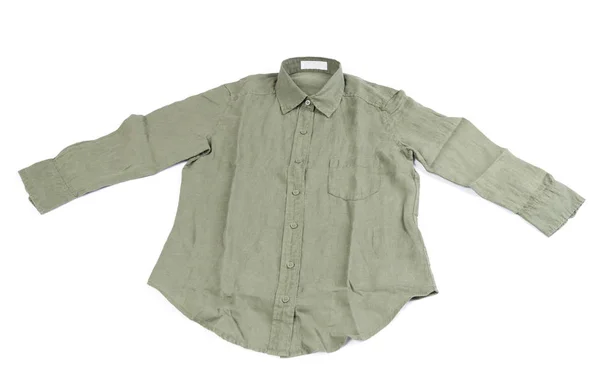 Vista dall'alto, Nuova camicia di lino verde alla moda isolata su backgrou bianco — Foto Stock