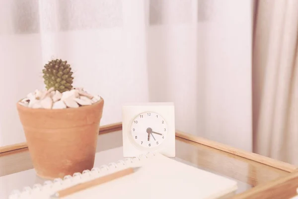 White Alarm Clock Cactus Flowerpot Notebook Pencil Wood Glass Table — Stock Photo, Image