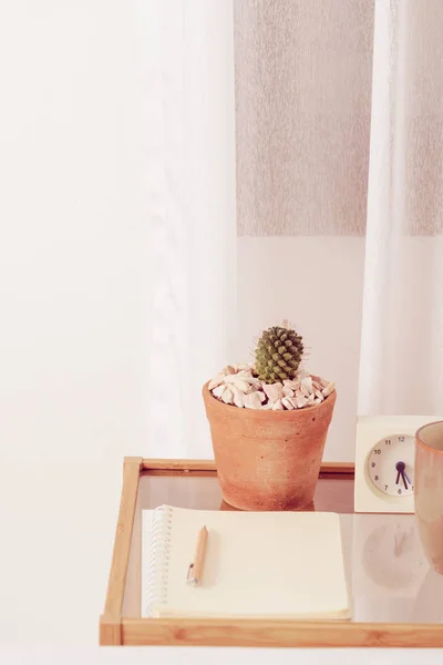 Maceta Cactus Reloj Despertador Blanco Cuaderno Lápiz Mesa Vidrio Madera — Foto de Stock
