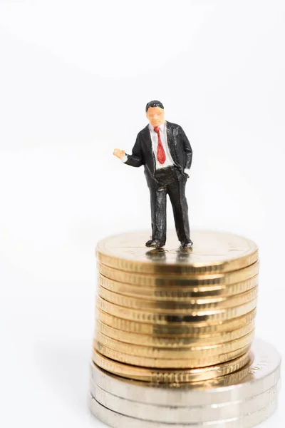 Miniture Success Businessman Black Suit Stand Golden Silver Coins Isolated — Stock Photo, Image