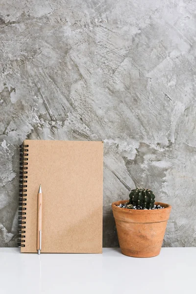 Cuaderno de notas, lápiz, cactus en maceta en hormigón escritorio blanco — Foto de Stock