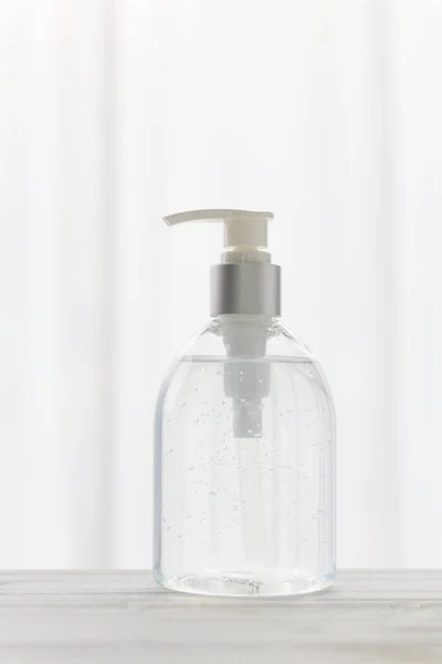 Hand Sanitizer Bottle Alcohol Gel White Wood Background Coronavirus Disease — Stock Photo, Image
