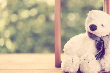 Üzüntü beyazı pofuduk oyuncak. Ahşap masada yeşil bulanık arka planı ve retro filtresi olan tek başına otur.