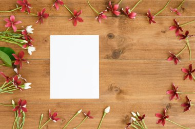 Rangoon Creeper ya da Quisqualis indica çiçekli düz dizayn ahşap arka planda, üst görünümde