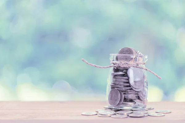 Saving Money Concept Money Coins Glass Jar Wooden Table Pastel — Stock Photo, Image