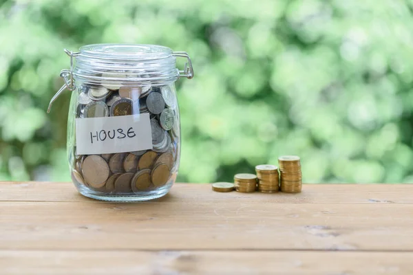 Saving Money House Coins Glass Jar Quote House Wood Table — Stock Photo, Image