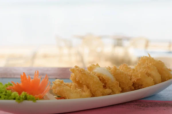 Deep Batter Fried Squid Rings Calamari Vintage Wood Table Blurred — Stock Photo, Image