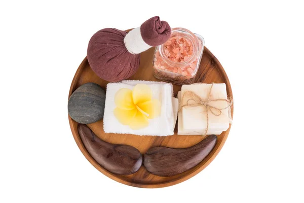 Bola Masaje Productos Aromaterapia Spa Bandeja Madera Aislada Sobre Fondo — Foto de Stock