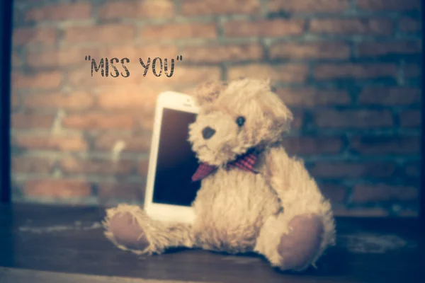 Miss You Text Blurred Teddy Bear Background — Stock Photo, Image