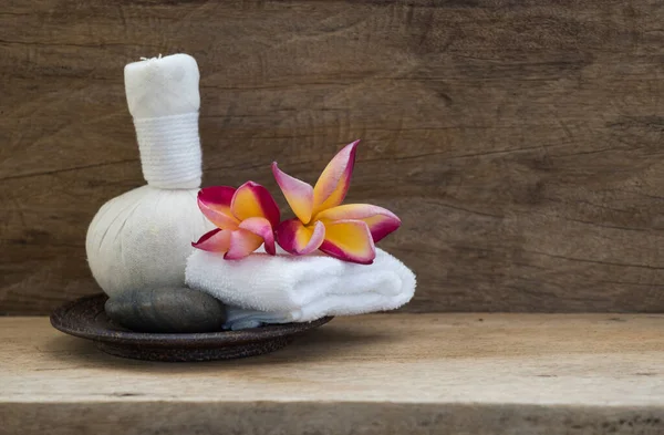 Plumeria Flower Massage Ball Spa Aromatherapy Products Wooden Background Still — Stock Photo, Image