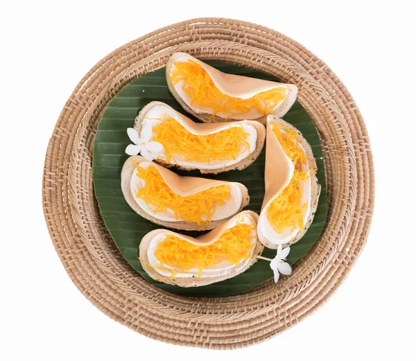 Thai Dessert Decor Banana Leaf Wooden Tray Isolated White Background — Stock Photo, Image