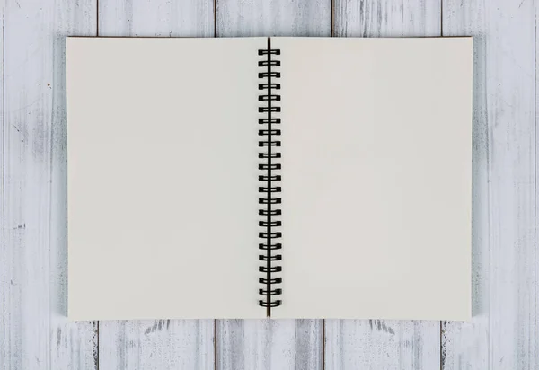 Flat Lay Design Open Recycle Notebook Vintage White Wood Table — Fotografia de Stock