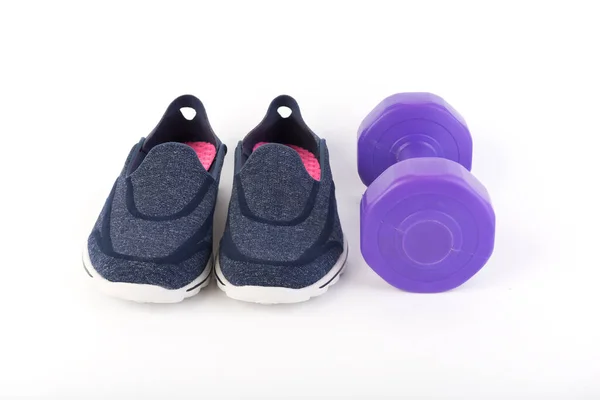 Blue Sport Shoes Dumbbell White Background Exercise Project — стоковое фото