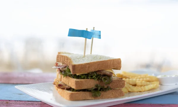 Sandwich Skinka Ost Vintage Trä Bord Bakgrund — Stockfoto