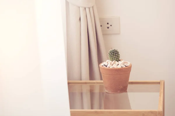 Cerrar Decoración Interior Dormitorio Blanco Con Maceta Cactus Mesa Filtro — Foto de Stock