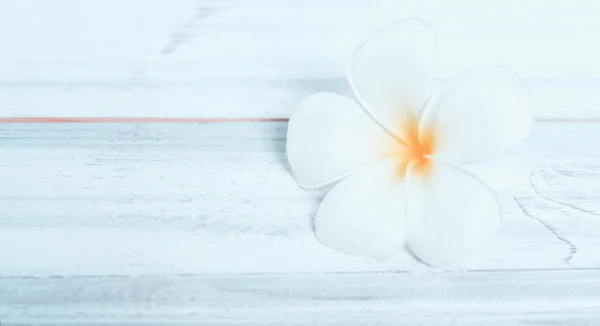 木製の板の背景に美しいFrangipaniスパの花 レトロな効果 — ストック写真