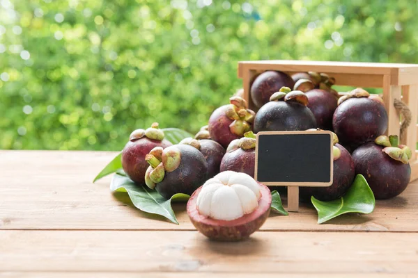 Fresh Mangosteen Fruits Blackboard Price Note Wood Table Green Blurred — Stock Photo, Image