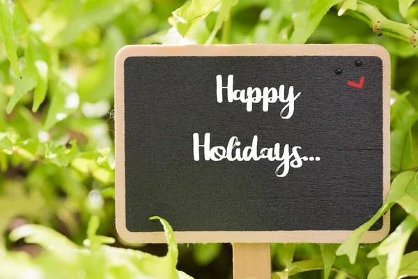 Happy Holidays Text Blackboard Green Field Background — Stock Photo, Image