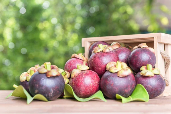 Fruta Fresca Del Mangosteen Tabla Madera Con Fondo Borroso Verde —  Fotos de Stock