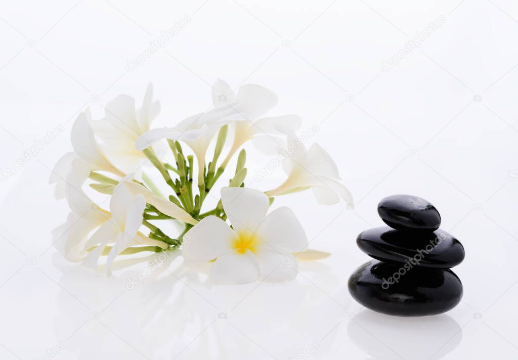 Pile of zen stones and Frangipani flower isolated on white background