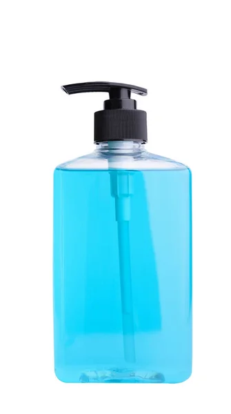 手の衛生のための消毒剤または液体石鹸の青いボトルは クリッピングパスで白い背景に隔離コロナウイルスから保護する — ストック写真