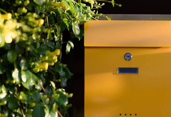 美しい黄色の背景と黒のフェンスの現代の黄色のメールボックス — ストック写真