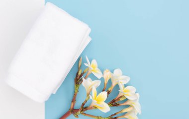 Beyaz havlu ve güzel frangipal ya da plumeria spa çiçeği mavi arka planda, düz yatıyordu