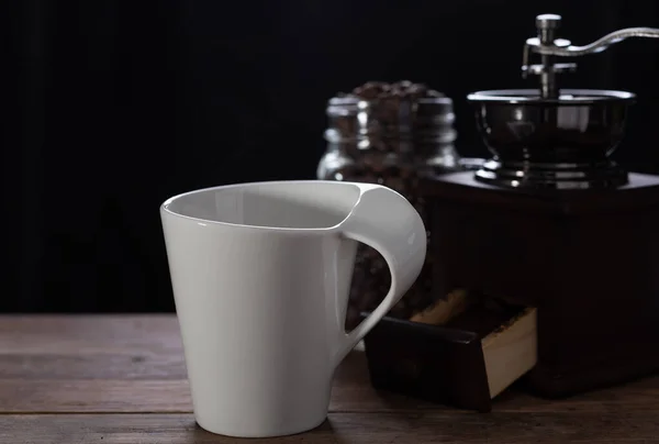 White Coffee Cup Coffee Grinder Roasted Beans Glass Jar Wooden — Stock Photo, Image