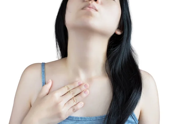 胸痛或哮喘的孤立的白色背景上一个女人。白色背景上剪切路径. — 图库照片