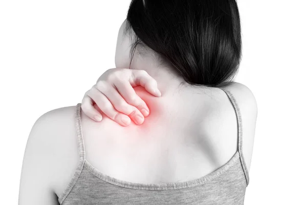 Backache or Painful shoulder in a woman isolated on white background. Clipping path on white background. — Stock Photo, Image