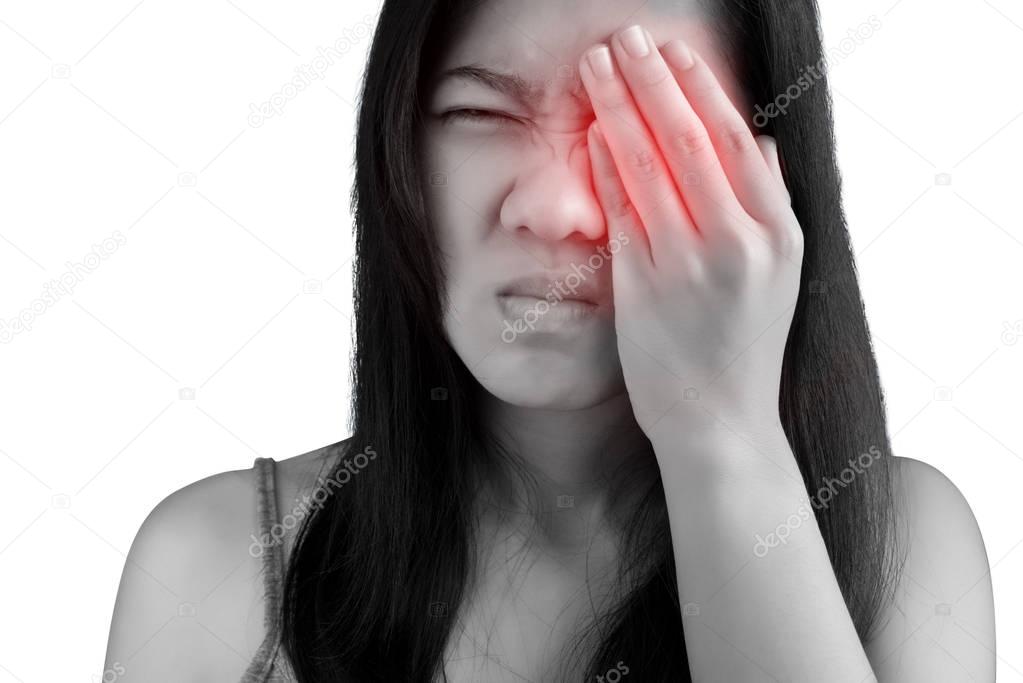 Eyes pain and eyes strain in a woman isolated on white background. Clipping path on white background.