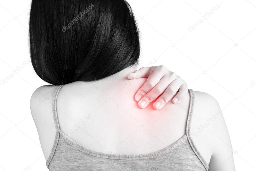 Backache or Painful shoulder in a woman isolated on white background. Clipping path on white background.