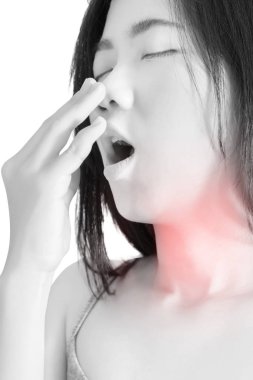 Acute pain and sore throat symptom in a woman isolated on white background. Clipping path on white background. clipart