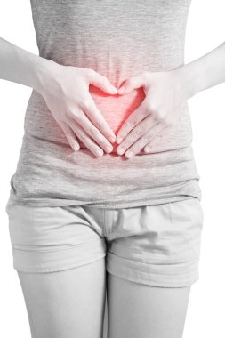 Beyaz arka plan üzerinde izole bir kadın mide ağrısı. Beyaz arka plan üzerinde kırpma yolu.