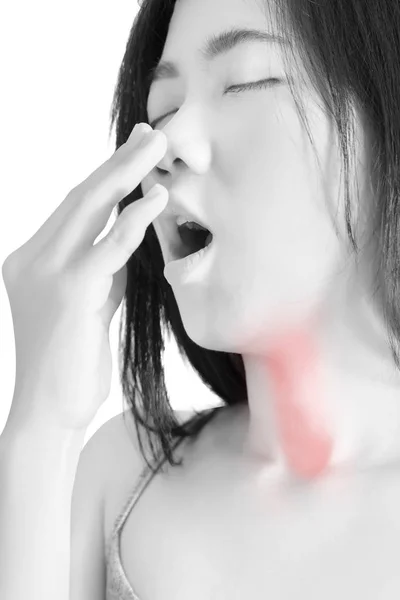 Гострий біль і симптом болю в горлі у жінки ізольовані на білому тлі. Відсічний контур на білому тлі . — стокове фото