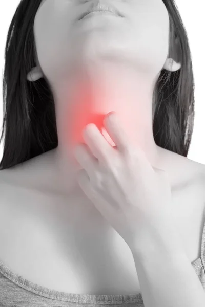 Dor aguda e sintoma de dor de garganta em uma mulher isolada em fundo branco. Caminho de recorte no fundo branco . — Fotografia de Stock