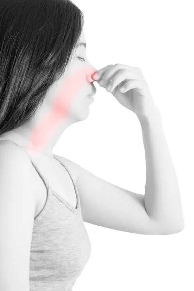 Nose pain symptom in a woman isolated on white background. Clipping path on white background. — Stock Photo, Image