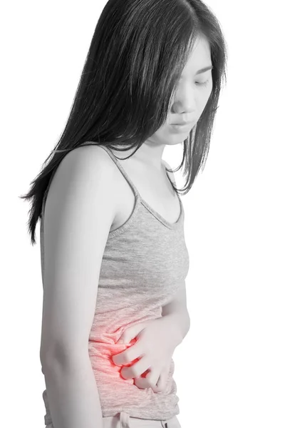 Bolesti žaludku u ženy izolovaných na bílém pozadí. Ořezová cesta na bílém pozadí. — Stock fotografie